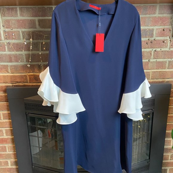 NWT Carolina Herrera Navy Blue and White Ruffle Sleeve Dress, Size M - Picture 6 of 7